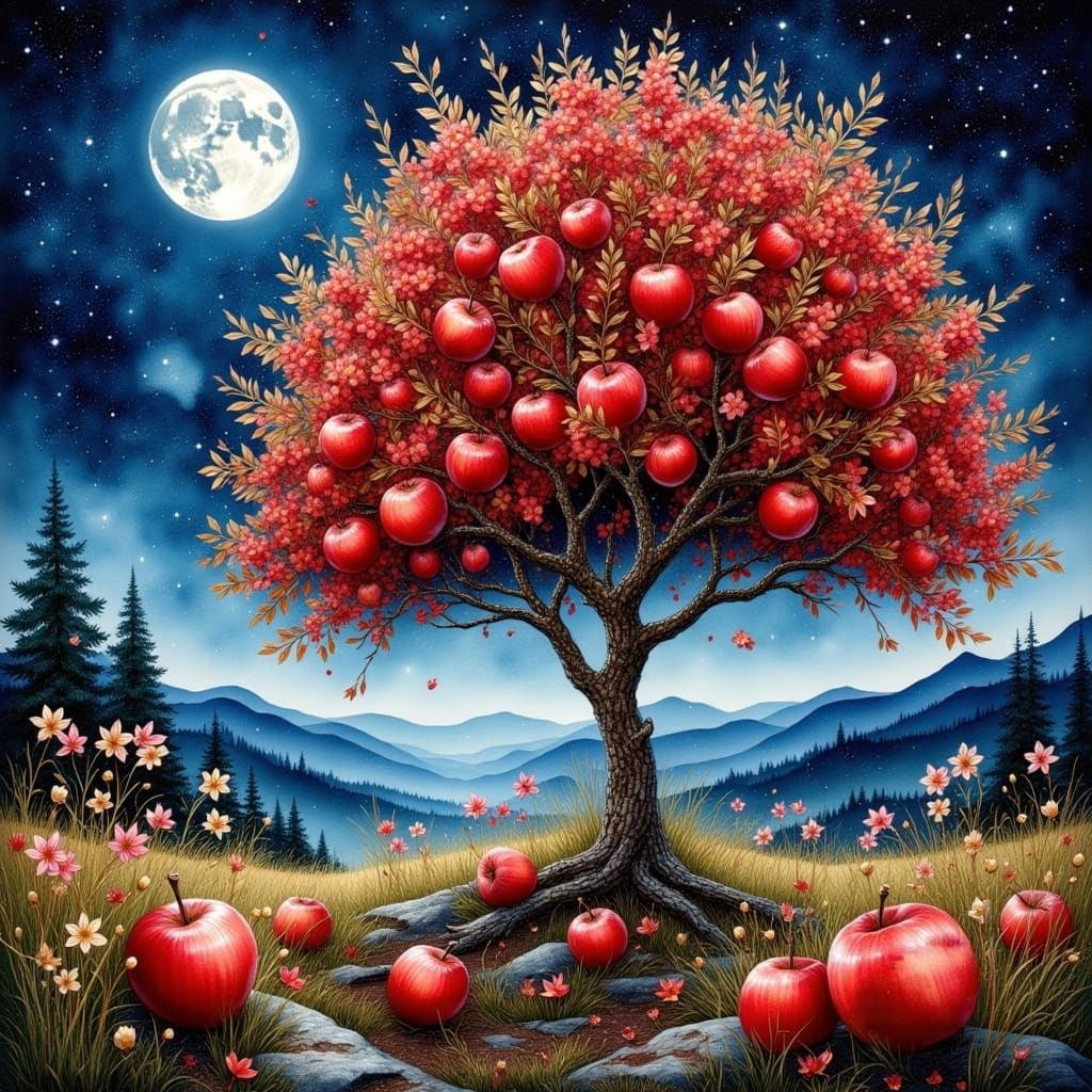Apple Tree at Night in Vivid Colors