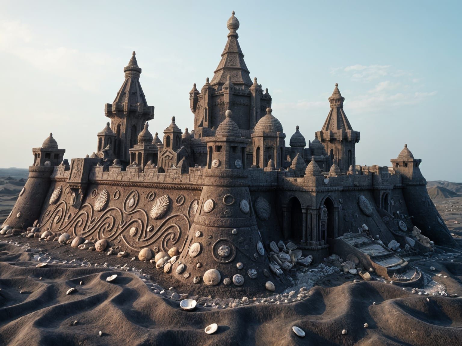 Towering Volcanic Sandcastle with Seashell Patterns