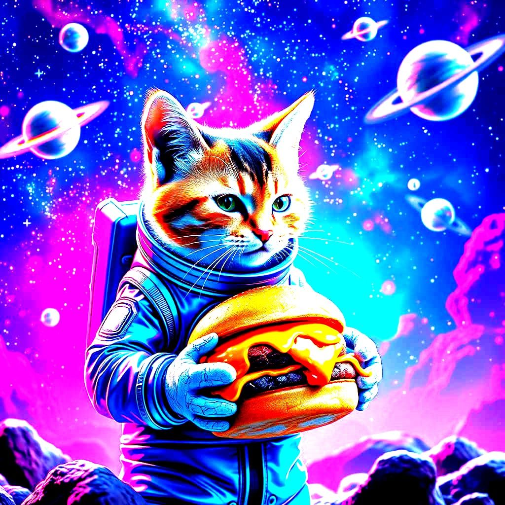 Cat Eats Cheeseburger in Space: Detailed Matte Painting