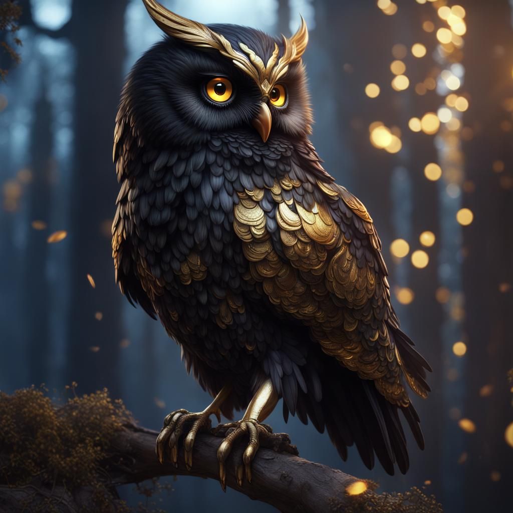 Glittering Black Owl with Golden Beak: Fantasy Art