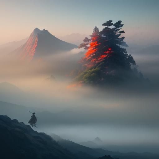 Samurai on Misty Mountain in Ukiyo-e Style