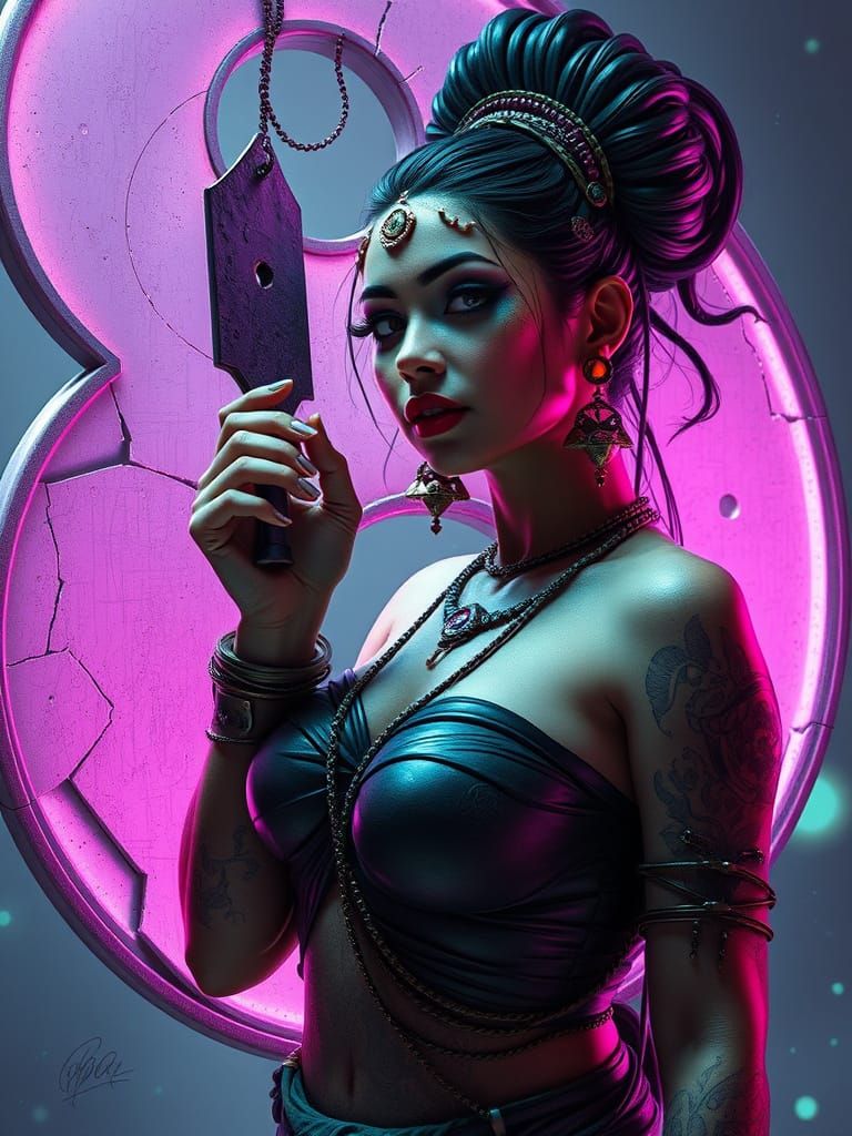 Surreal Indo-Futuristic Goddess Meets Grotesque Sign in Cybe...