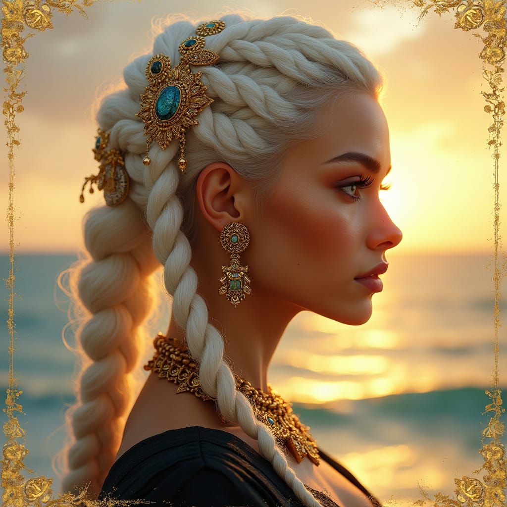 Hyper-Realistic Portrait of a Woman in Sunset Ocean Setting