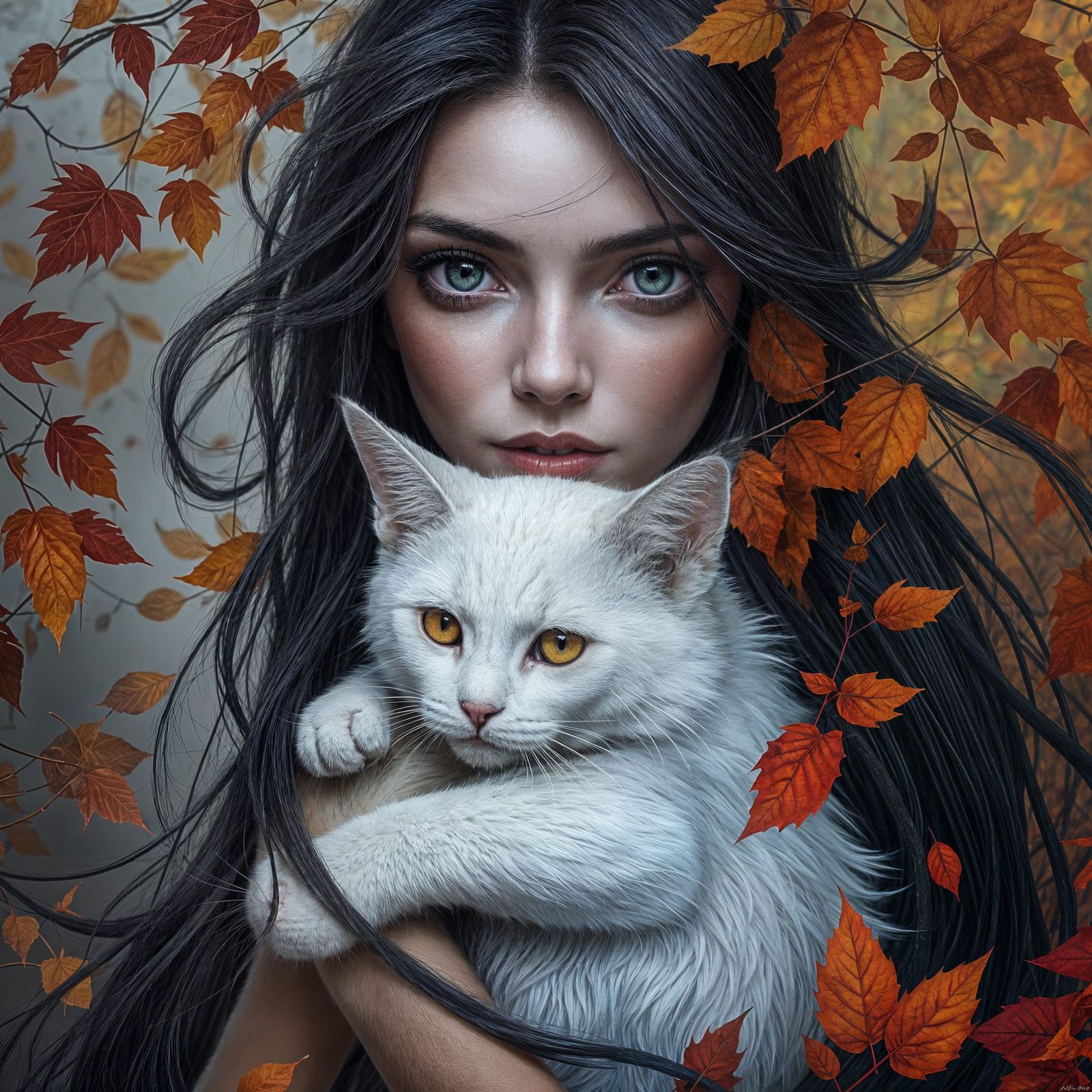 Enchanted Siren with White Cat in Vibrant Autumn Landscape