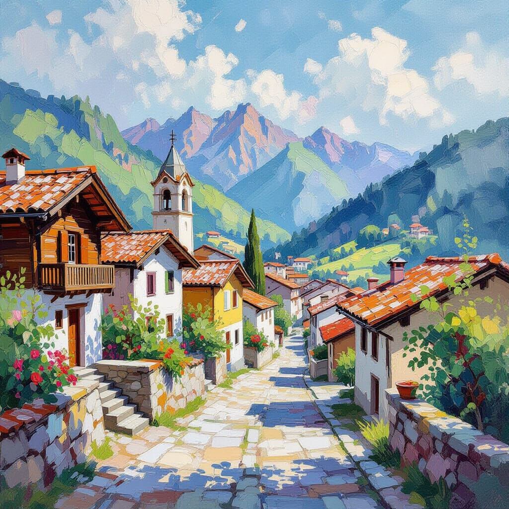 Mountain Village in Gouache Watercolor Style