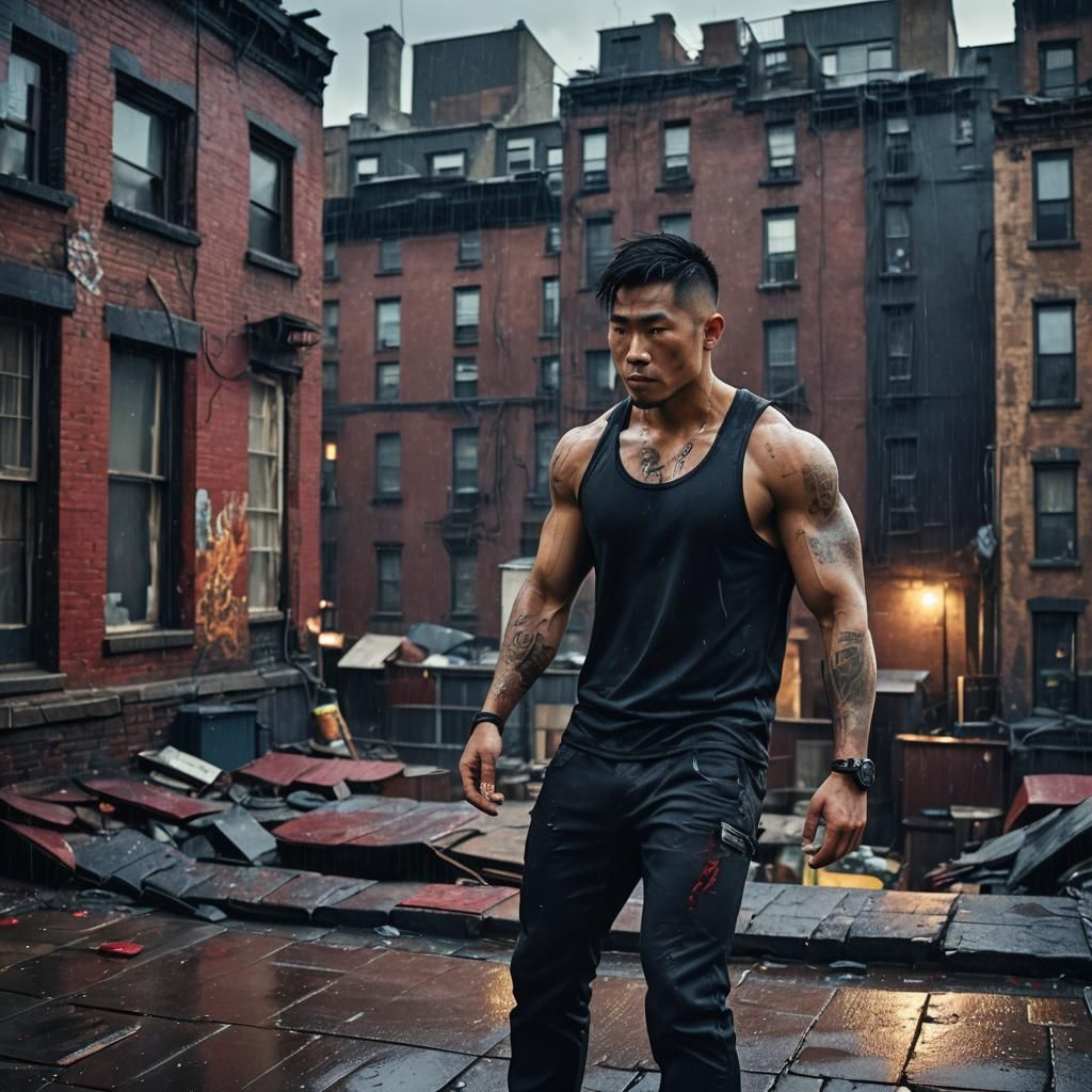 Rooftop Vigil: Asian American Man in Rain Soaked City