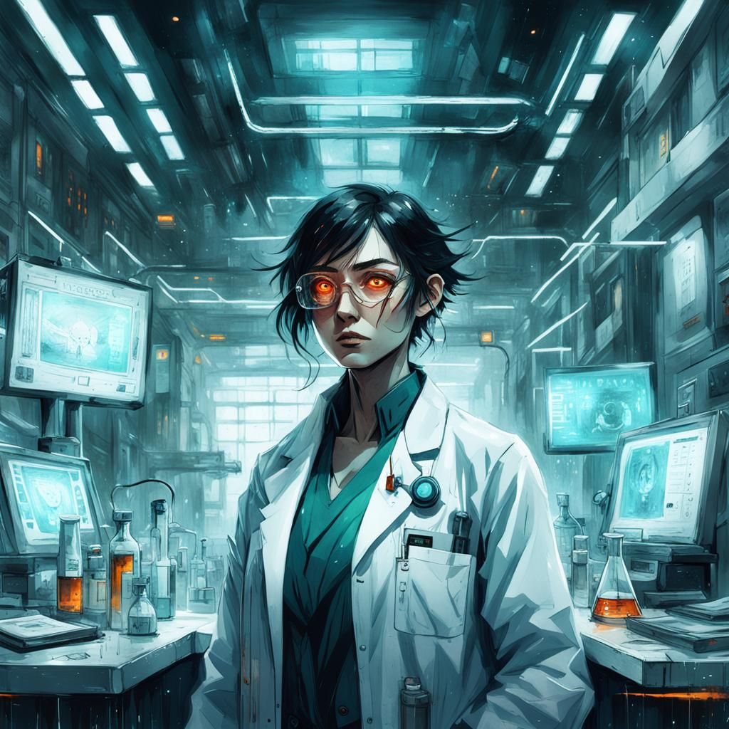 Anime Mad Scientist in Futuristic Medical Facility