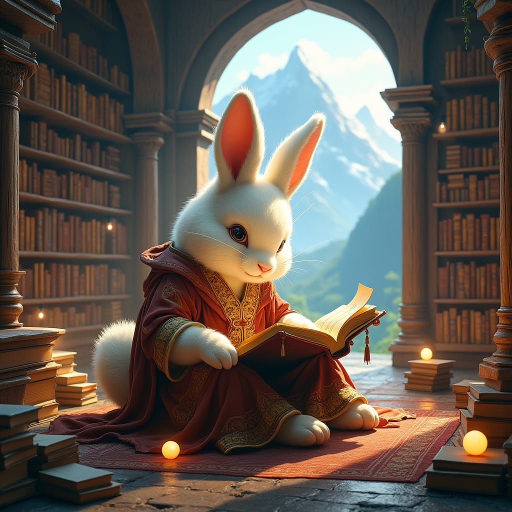 Mystical Rabbit Sage in Library, Fantasy Concept Art