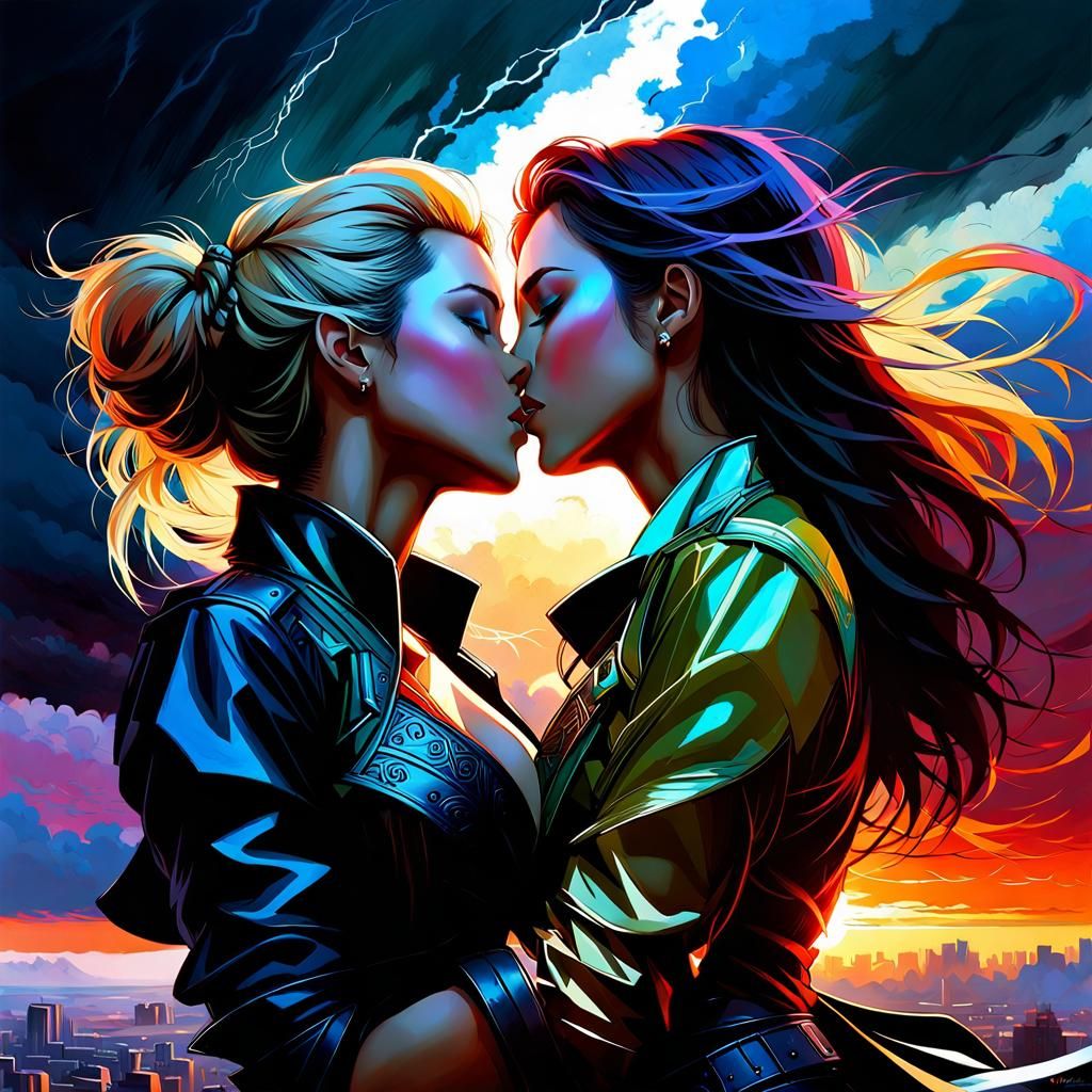 Passionate Lesbian Kiss in Stormy Fantasy Landscape