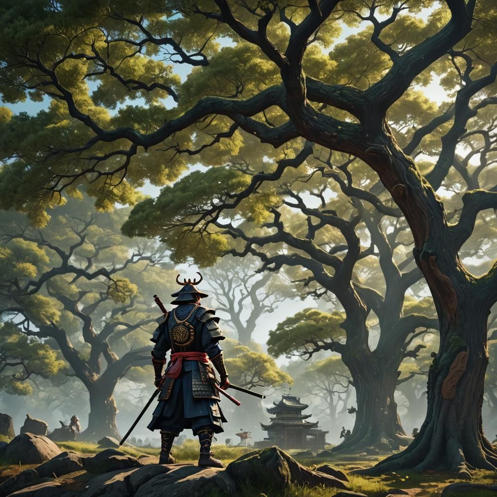 Samurai Under Oak Tree: Detailed Matte Painting