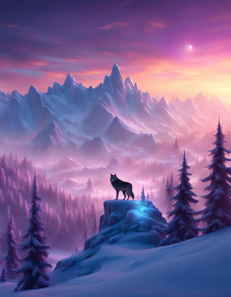 Fantasy Wolf in Winter Wonderland Landscape