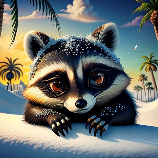 Surreal Tropical Winter Raccoon in Pixar Style