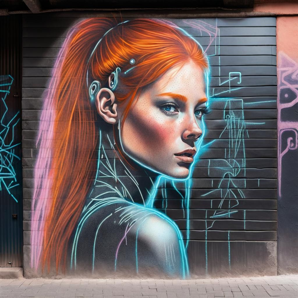 Cyberpunk Chalk Drawing of a Redhead Woman