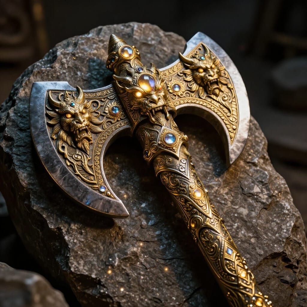 Ancient Battle Axe in Stone with Jewels and Mythical Creatur...