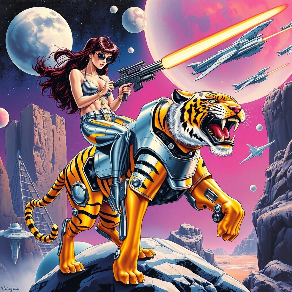 Cyberpunk Female on Robotic Tiger in Space