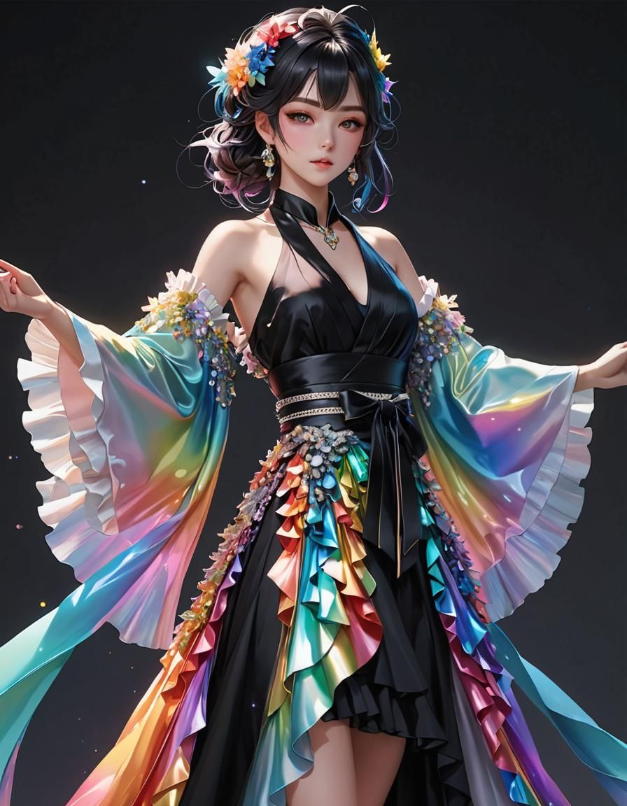 Iridescent Rainbow Kimono in Anime Style