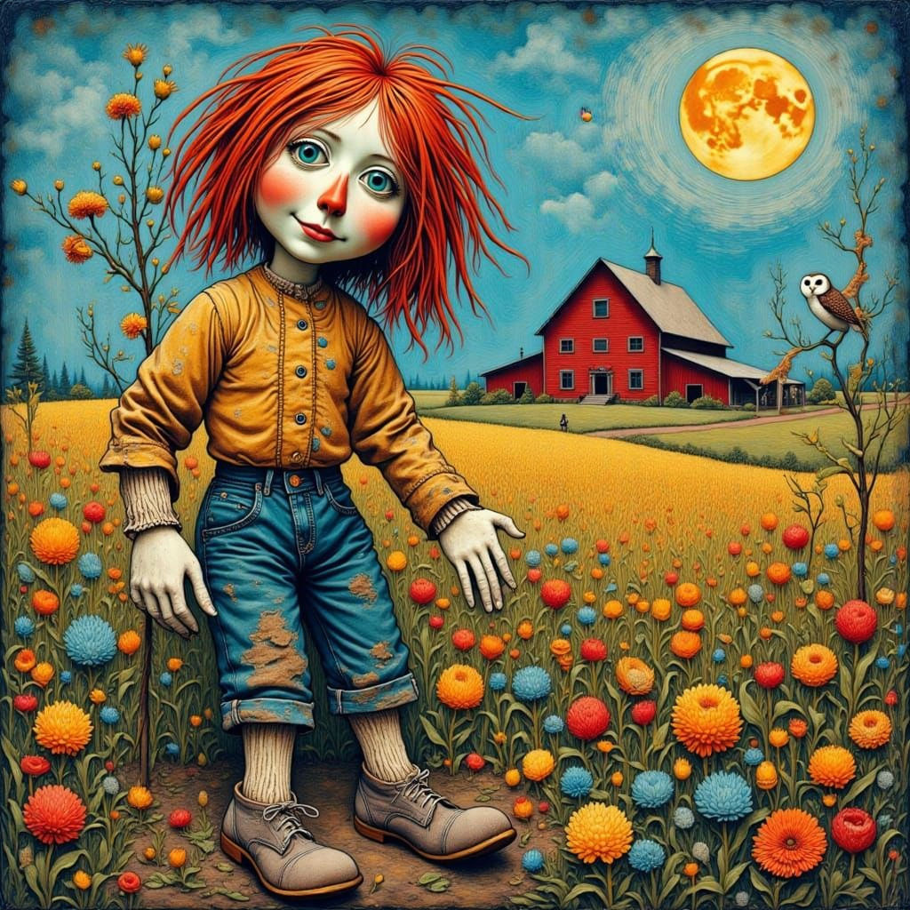 Charming Scarecrow Collage Portrait in Surreal Cornfield