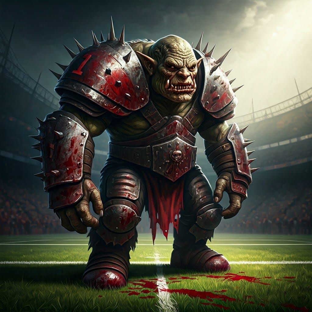 Gothic Blood Bowl Troll in Crimson Pads Stands on Battle-Sca...