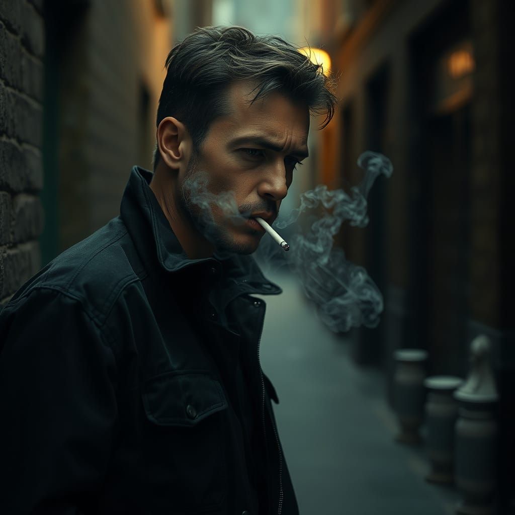 Cinematic Man Smoking in Moody Alleyway