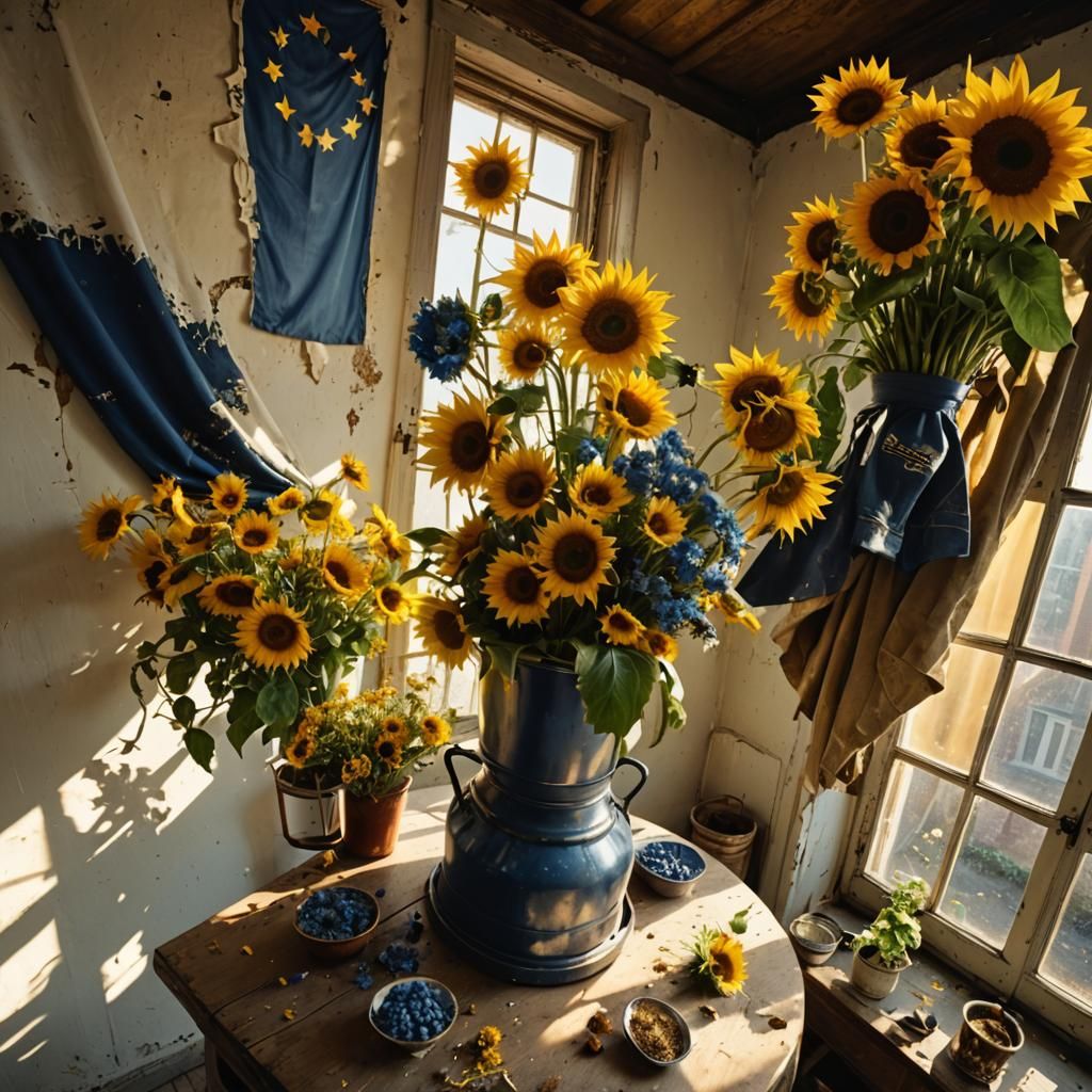 Sunflowers and Delft Blue Flowers, Hyperrealist Painting