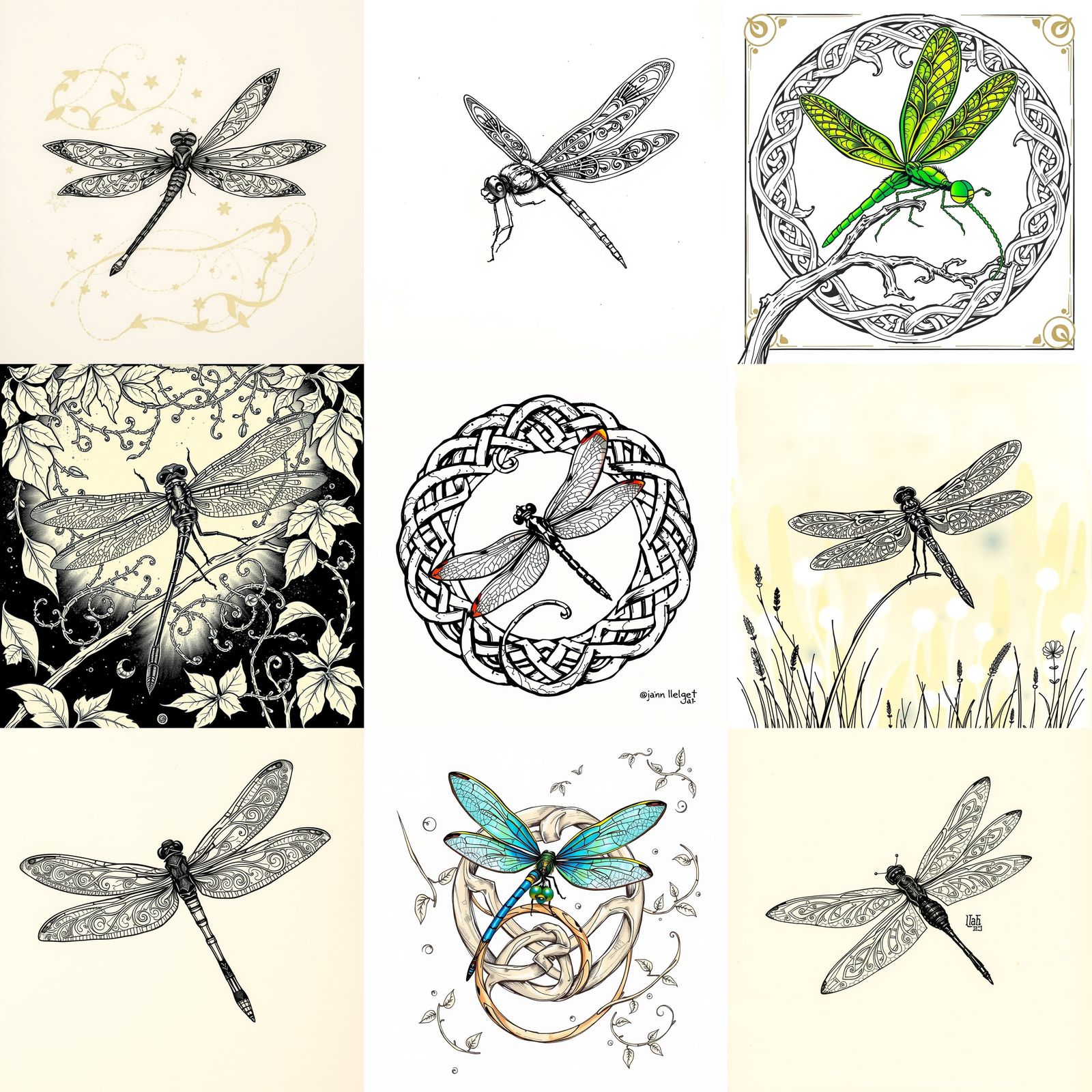 Celtic Dragonfly Ink Drawing in Vibrant Sketch Style