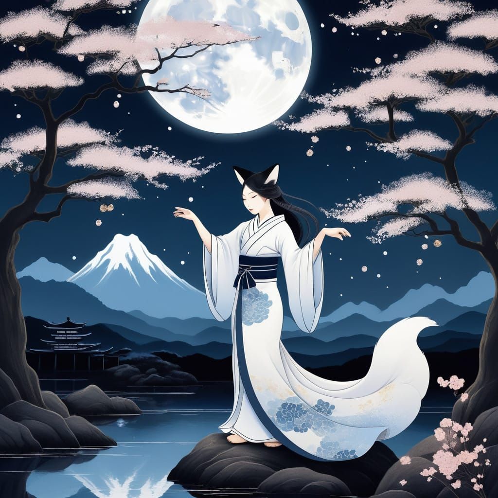 Kitsune dancing under the moonlight