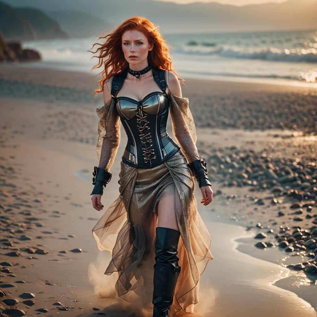 Futuristic Beach: Red-Haired Woman in Editorial Style