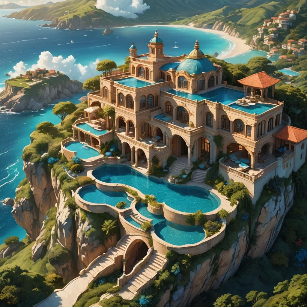 Dreamlike Hilltop Home with Infinity Pool, Fantasy Art