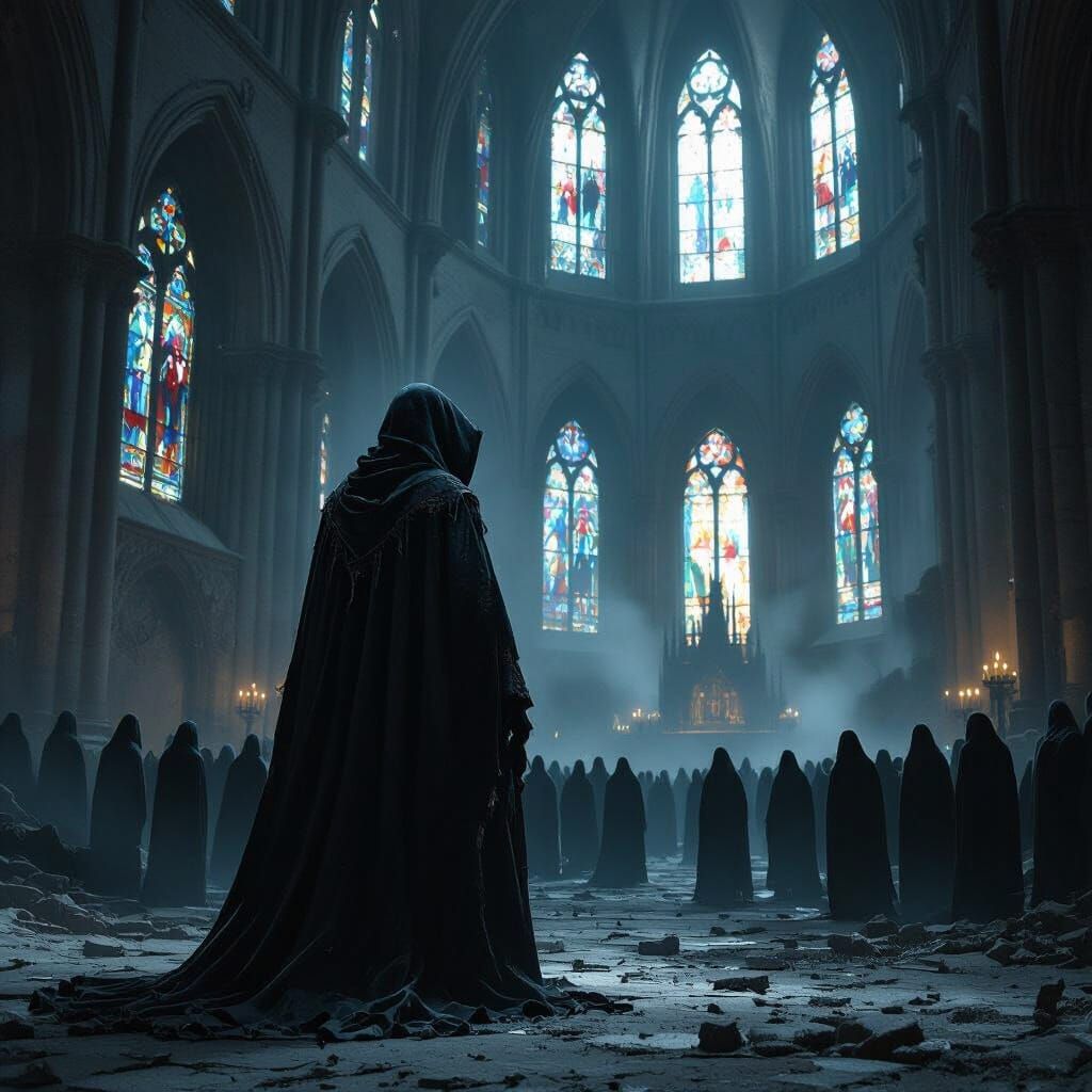 Ethereal Cloaked Figure in Ruined Gothic Cathedral