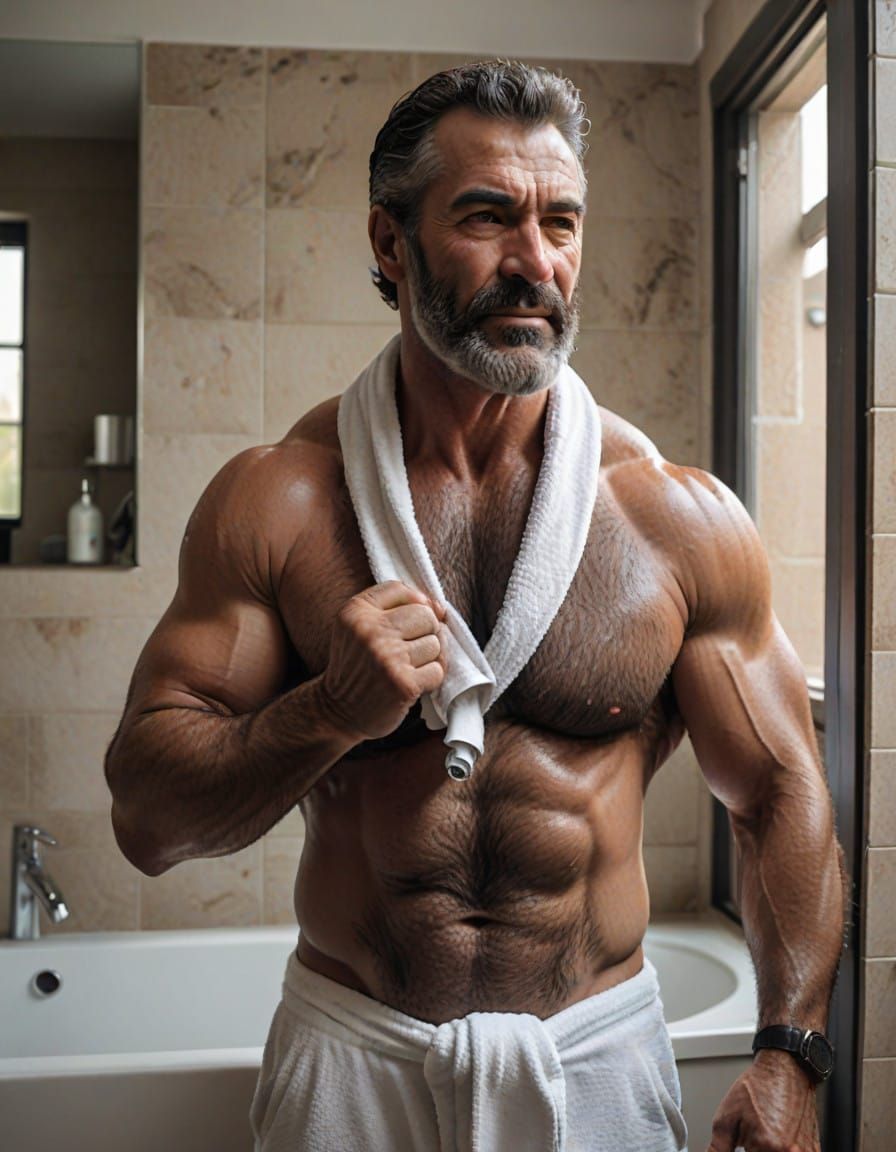 Muscle Dad Smiling in the Bathroom