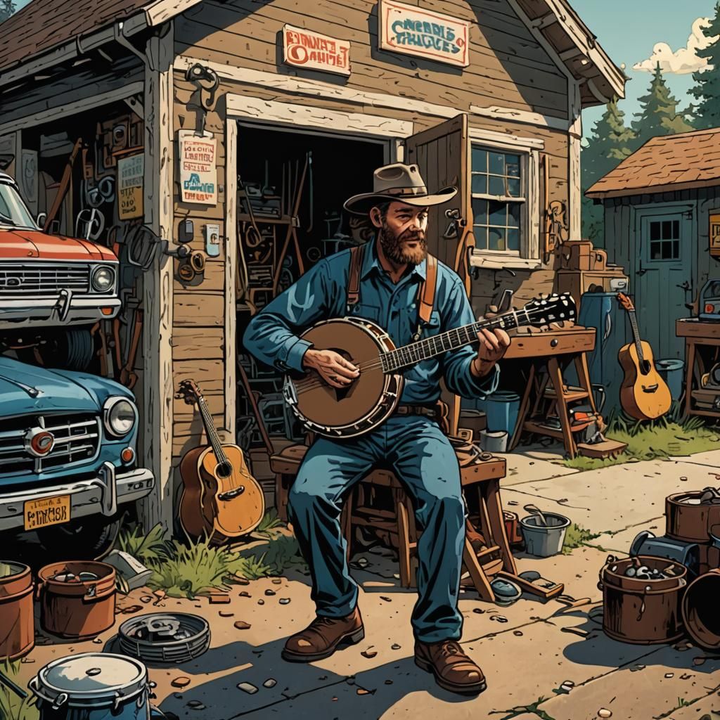 Car Mechanic Plays Banjo: Comic Book Art