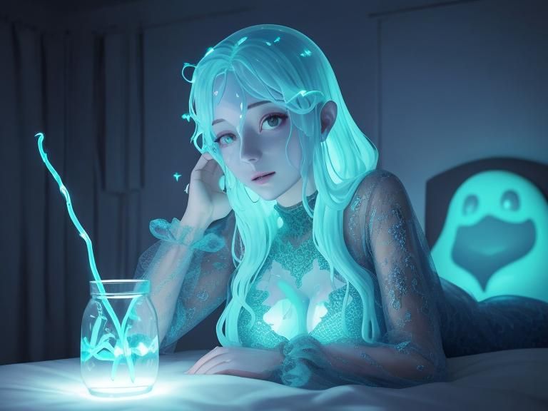 magic glowing girl on bed, asmr tools