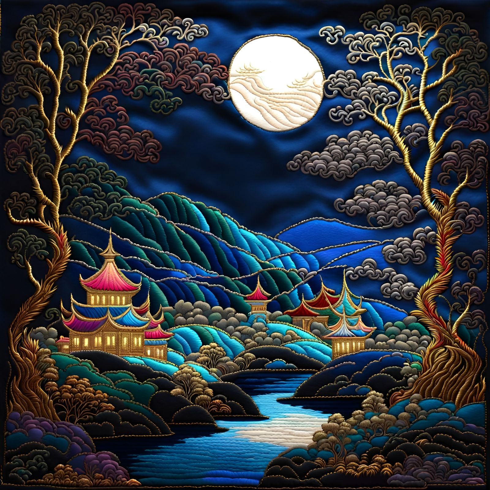 Iridescent Night Landscape in Gold Silk Embroidery
