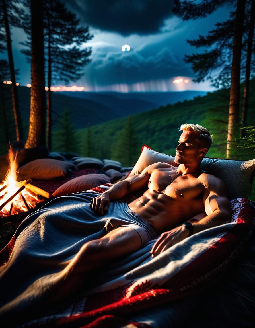 Man Sleeping in Forest Under Moonlight