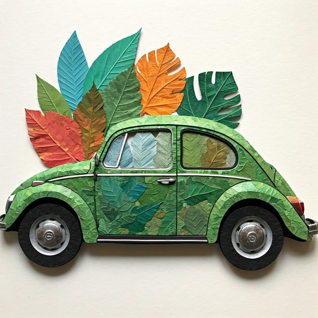 Vibrant VW Beetle Collage Made of Paper Leaves