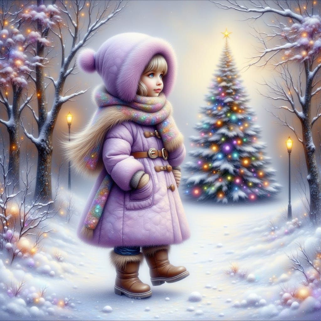 Girl in Lavender Coat Enjoys Winter Day, Oil Painting Style