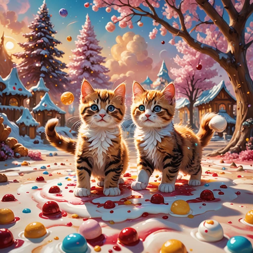 Kittens Play in Dessert World: Vibrant Oil Painting