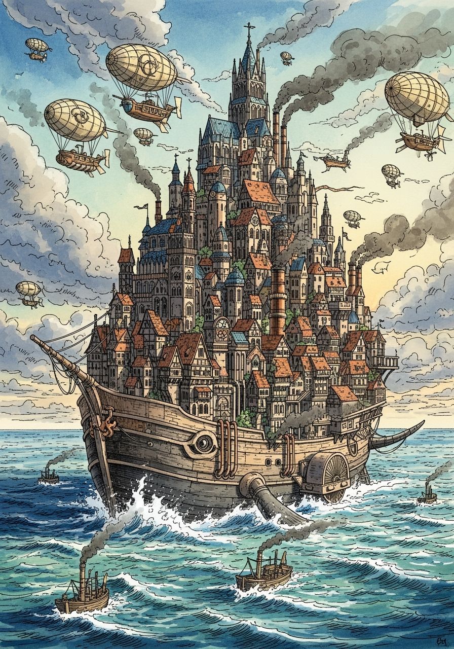 Epic Medieval City Ship on Water World