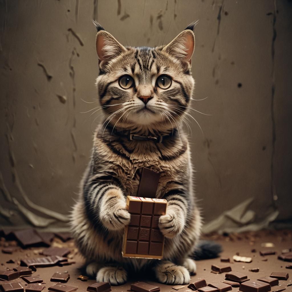 Sad Cat with Chocolate Bar in Cinematic Style