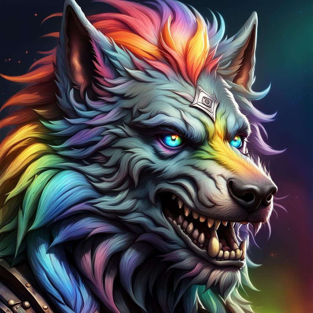 Hyperrealistic Worgen Male with Rainbow Hair