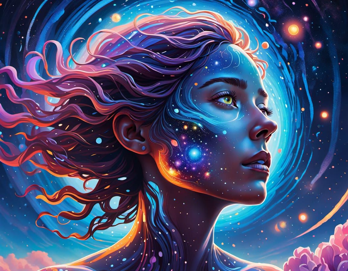 Ethereal Goddess of the Cosmos in Vibrant Celestial Landscap...