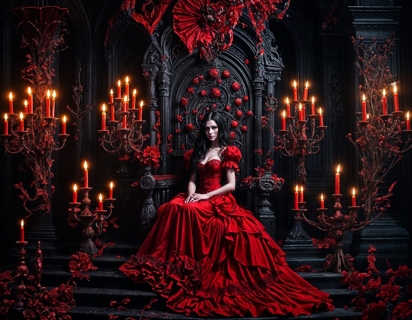 Beautiful Vampire Queen on Throne in Rococo Style