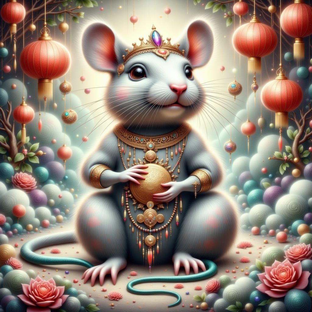 Mystical Yin-Rat in Dreamlike Chinese Watercolor Style