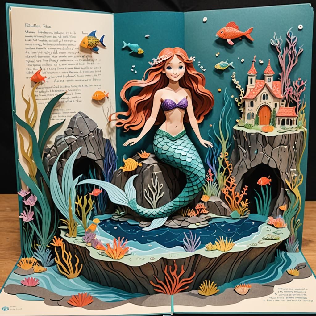 Mermaid on Rock in Pop-Up Book Style