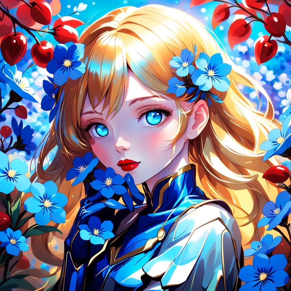 Anime Girl in Blue Flowers, Fantasy Concept Art