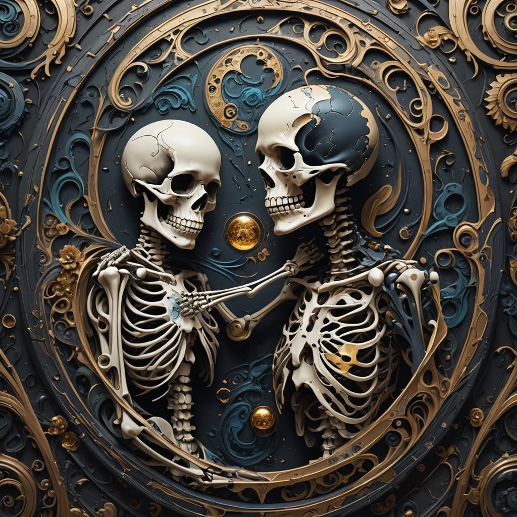 Yin and Yang Skeleton in Art Nouveau Style
