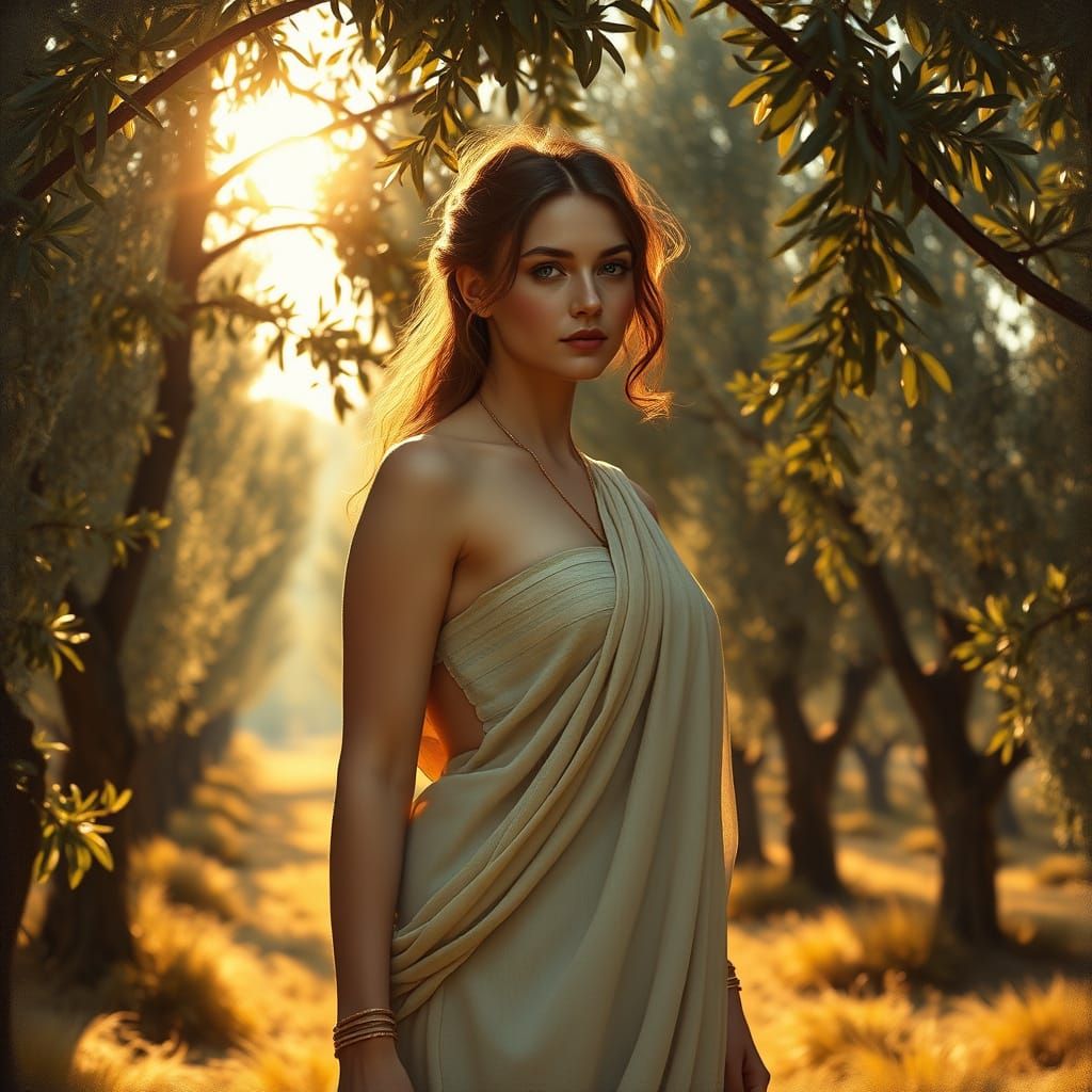 Woman in Greek Exomis in Sunlit Olive Grove