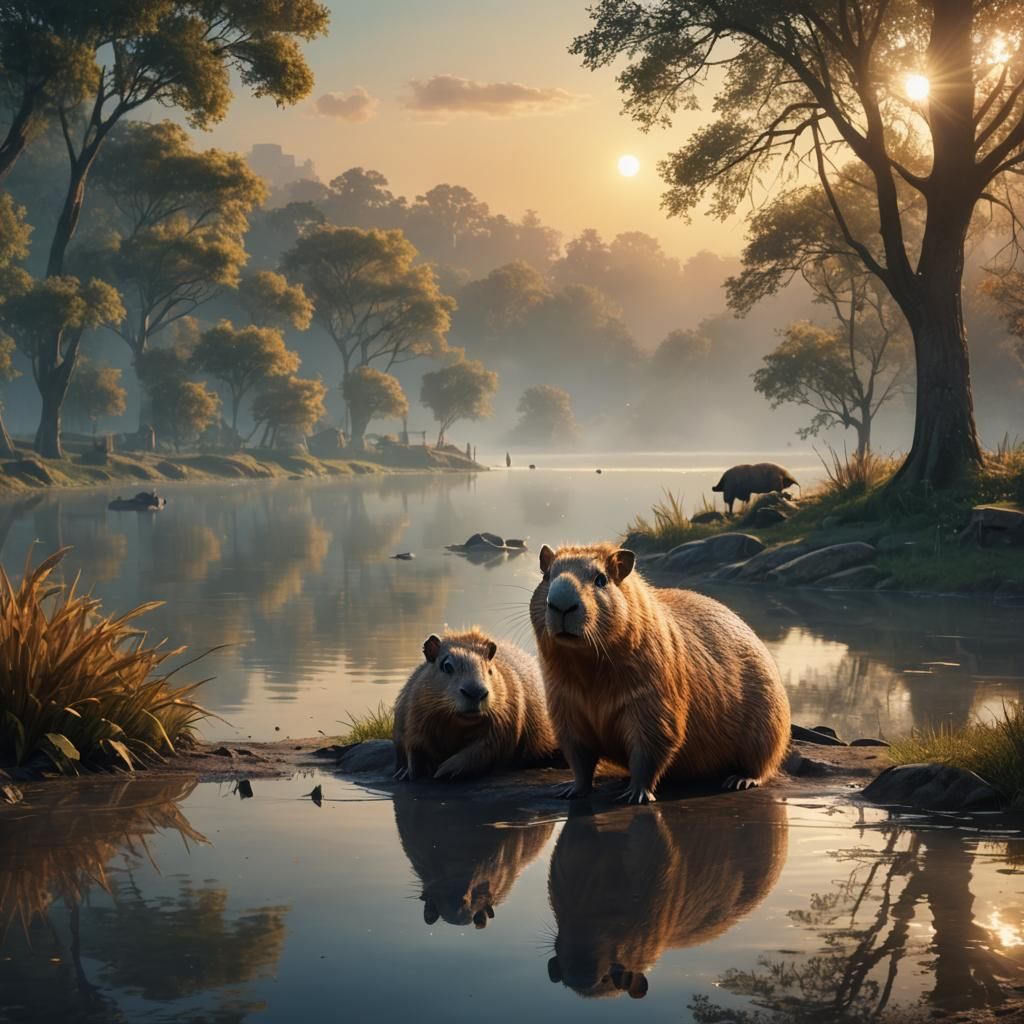 Cute Capybara in Park at Dawn, Fantasy Concept Art