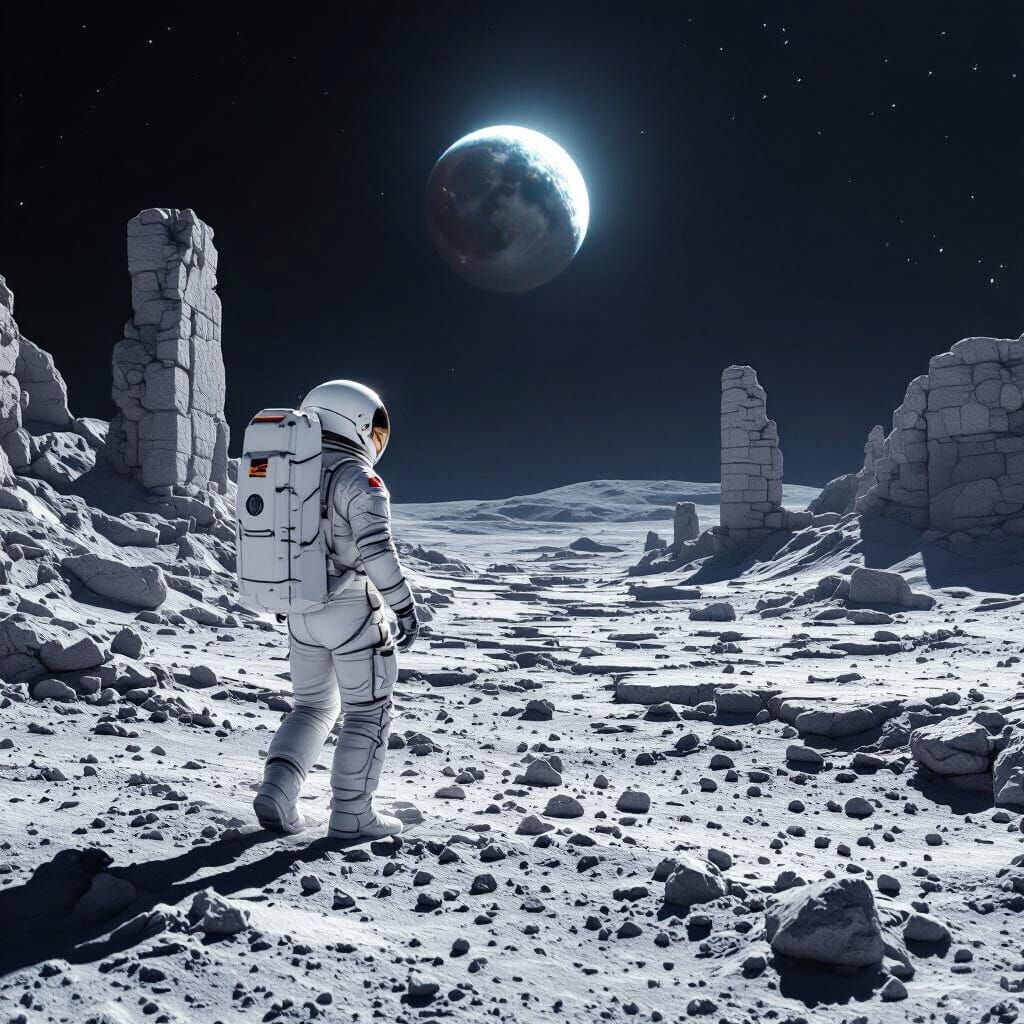 Astronaut Explores Ancient Lunar Ruins Under Earthlight
