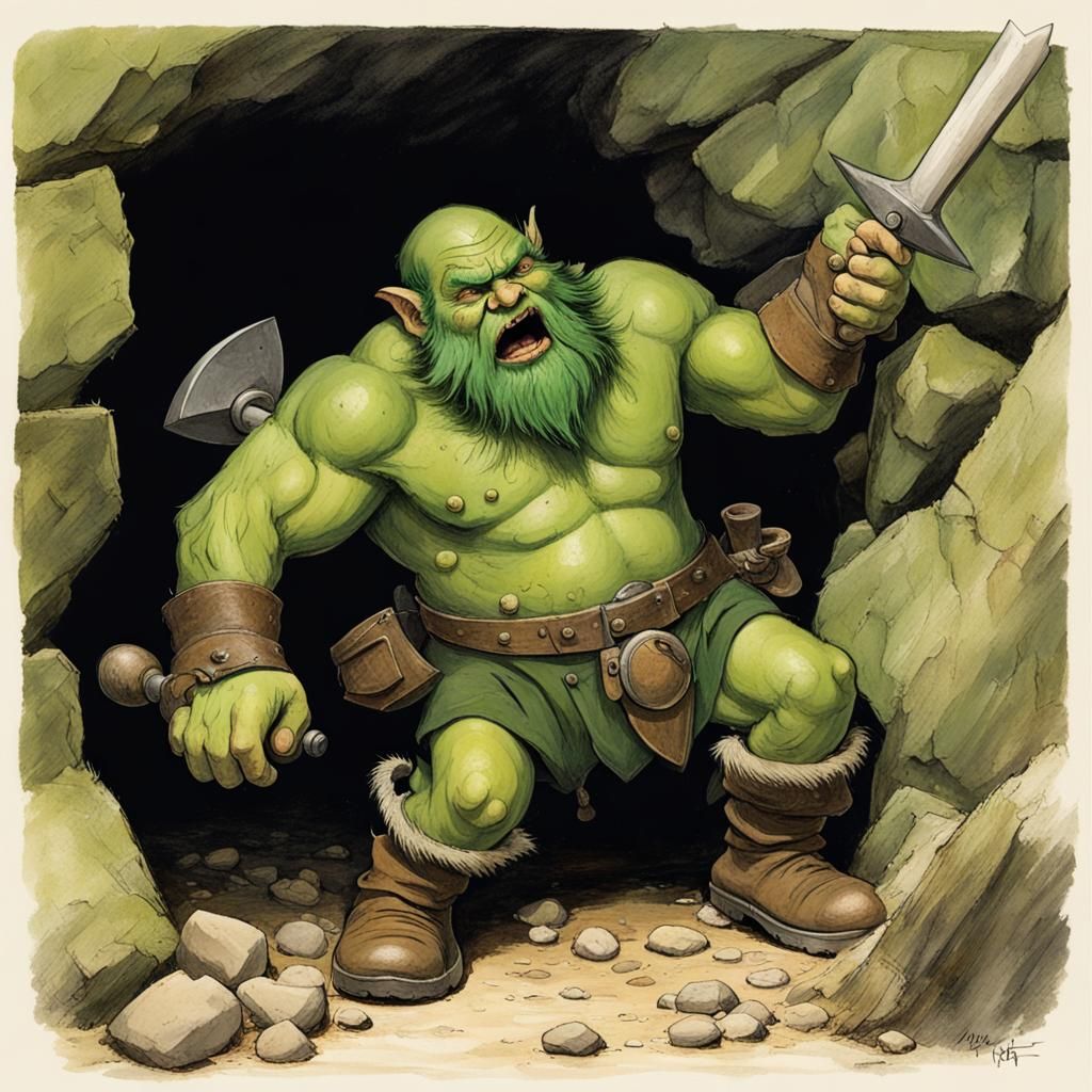 Dwarf Miner Battles Troll, Illustrated Style